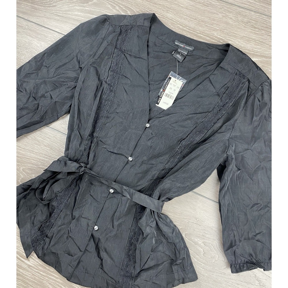 New York & Company Women's 3/4 Sleeve Belted Blouse Black‎ Size Large New